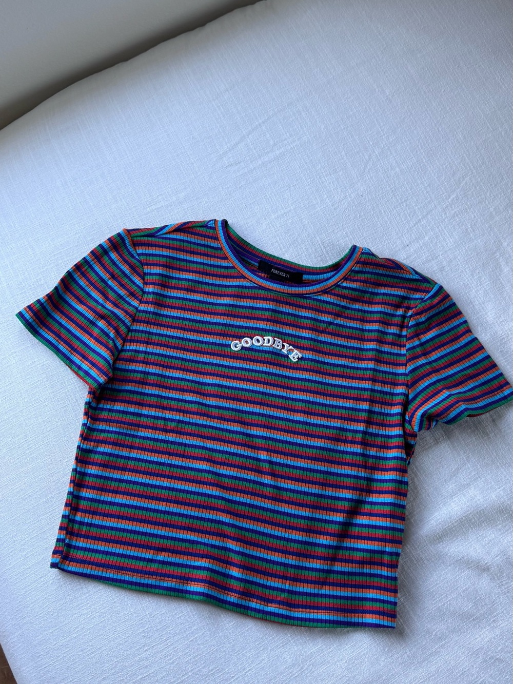 Forever 21 Multicolor Striped 'Goodbye' Baby Tee - Blue, Green, Purple, Red